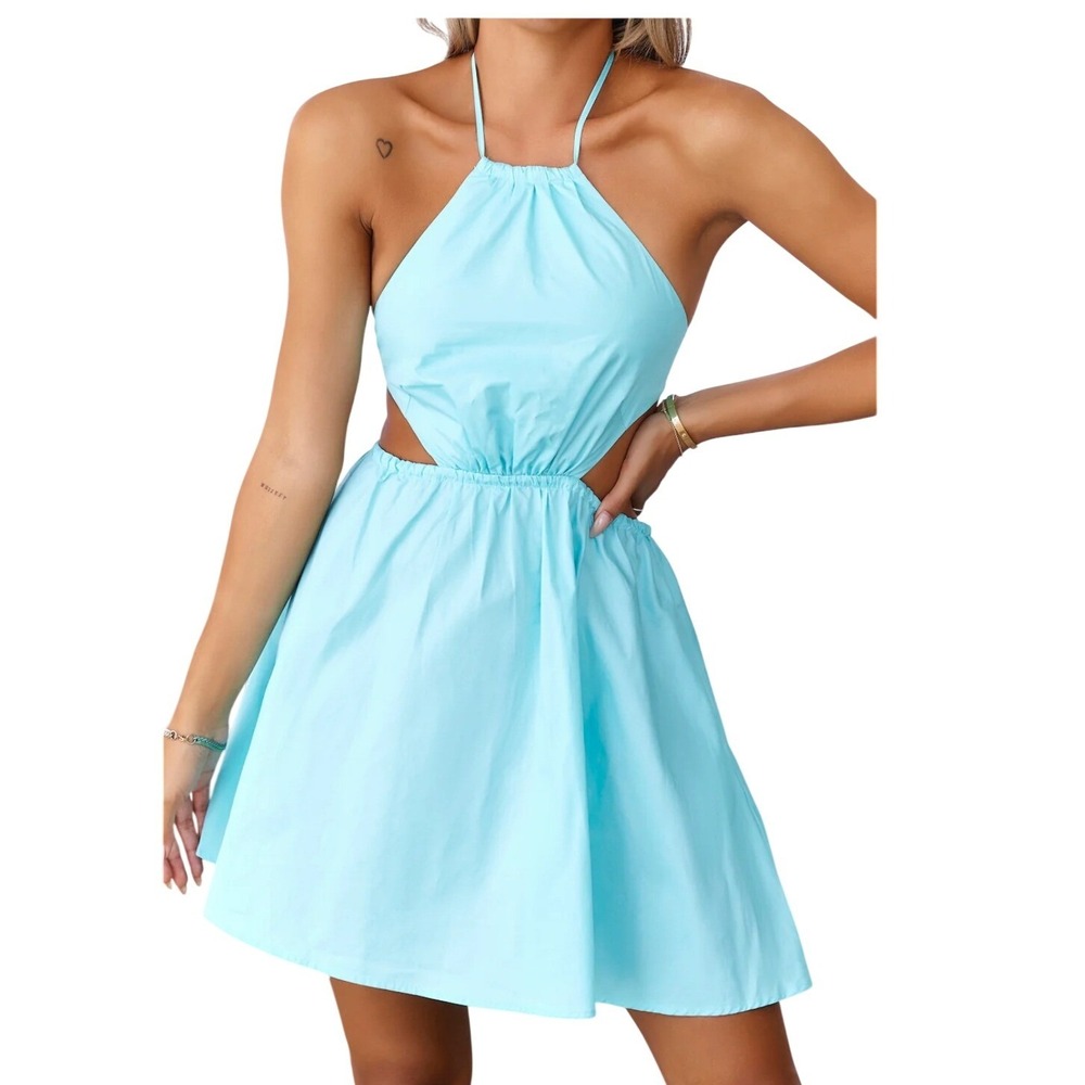Hello Molly Aqua Blue Halter Cutout Mini Dress Summer Open Back Size‎ 8 L NEW